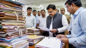 Delhi RTO Inspection at Raja Garden office where Transport Minister reviewed over 1000 pending files and directed officials to resolve them within 10 days.