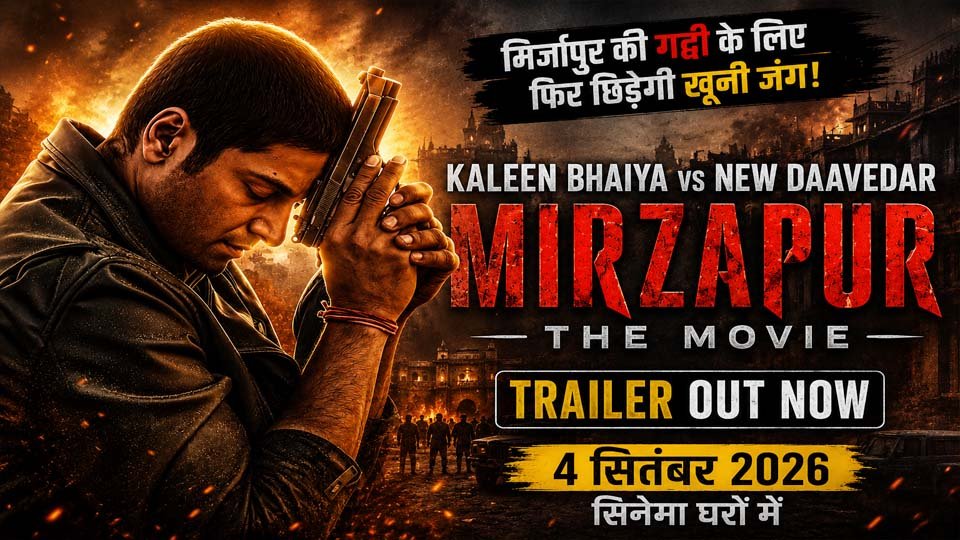 Mirzapur Movie 2026 के ट्रेलर से जुड़ी तस्वीर, जिसमें फिल्म की स्टारकास्ट और मिर्जापुर की गद्दी के लिए होने वाले सत्ता संघर्ष को दिखाया गया है।