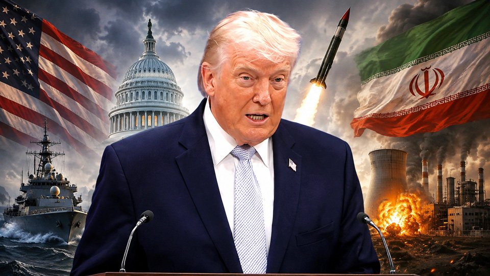 US President Donald Trump warning Iran amid rising tensions over the Strait of Hormuz and regional security concerns in West Asia.