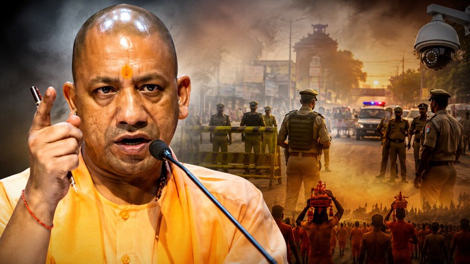 UP High Alert के दौरान उत्तर प्रदेश में कांवड़ यात्रा मार्ग, मुख्यमंत्री आवास और संवेदनशील क्षेत्रों में तैनात सुरक्षा बल।