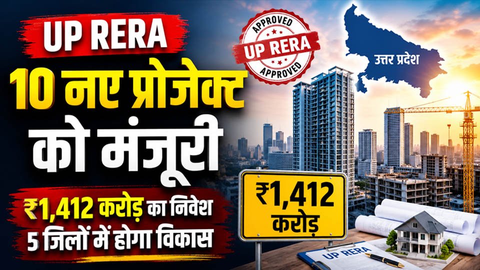 UP RERA Project Approval news showing approval of 10 real estate projects worth ₹1,412 crore across Ghaziabad, Gautam Buddh Nagar, Lucknow, Gorakhpur and Moradabad in Uttar Pradesh.UP RERA Project Approval news showing approval of 10 real estate projects worth ₹1,412 crore across Ghaziabad, Gautam Buddh Nagar, Lucknow, Gorakhpur and Moradabad in Uttar Pradesh.