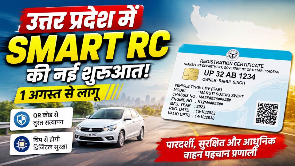 उत्तर प्रदेश Smart RC कार्ड का प्रतीकात्मक चित्र, जिसमें QR कोड और एम्बेडेड चिप के साथ नई डिजिटल वाहन रजिस्ट्रेशन प्रणाली दिखाई गई है।