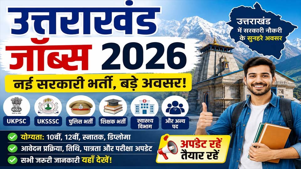 उत्तराखंड जॉब्स 2026 से संबंधित प्रतिनिधि तस्वीर, जिसमें UKPSC, UKSSSC, पुलिस, शिक्षक और अन्य सरकारी भर्ती की जानकारी दर्शाई गई है।