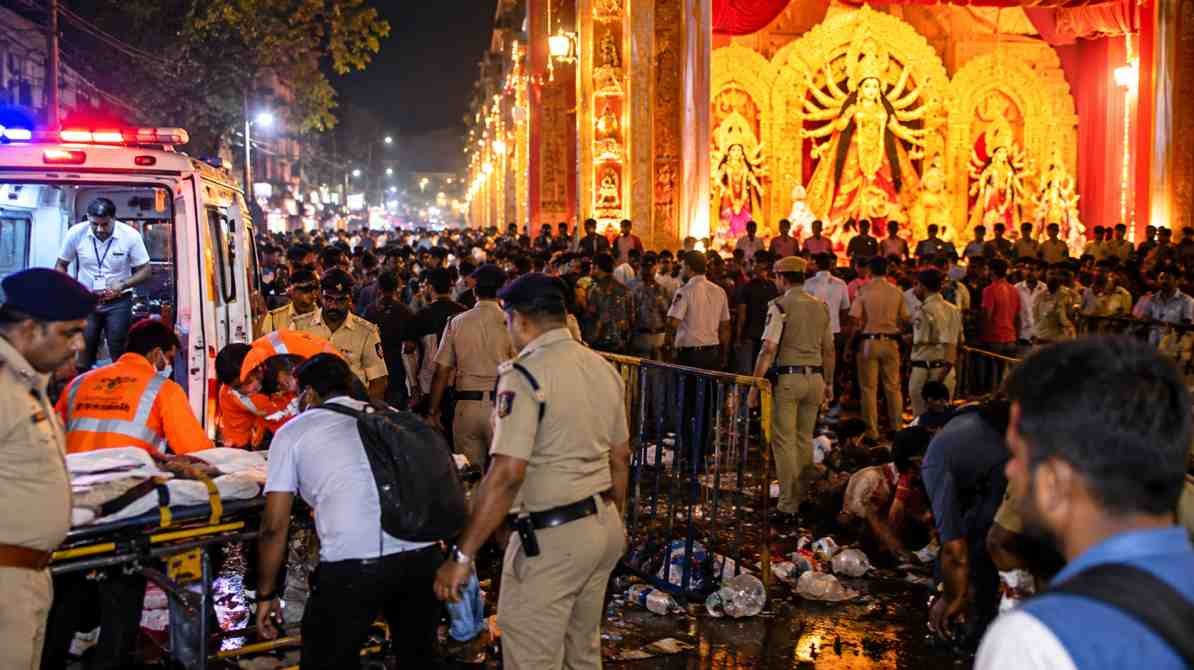 कोलकाता दुर्गा पूजा पंडाल में भगदड़ के बाद पुलिस, एंबुलेंस और राहत कार्य का सांकेतिक दृश्य।