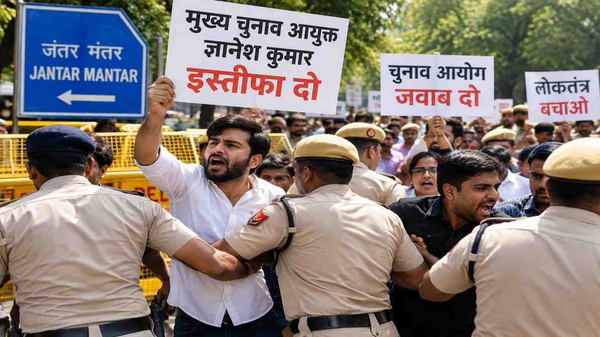 मुख्य चुनाव आयुक्त के खिलाफ प्रदर्शन: दिल्ली के जंतर-मंतर पर इस्तीफे की मांग, कई लोग हिरासत में
