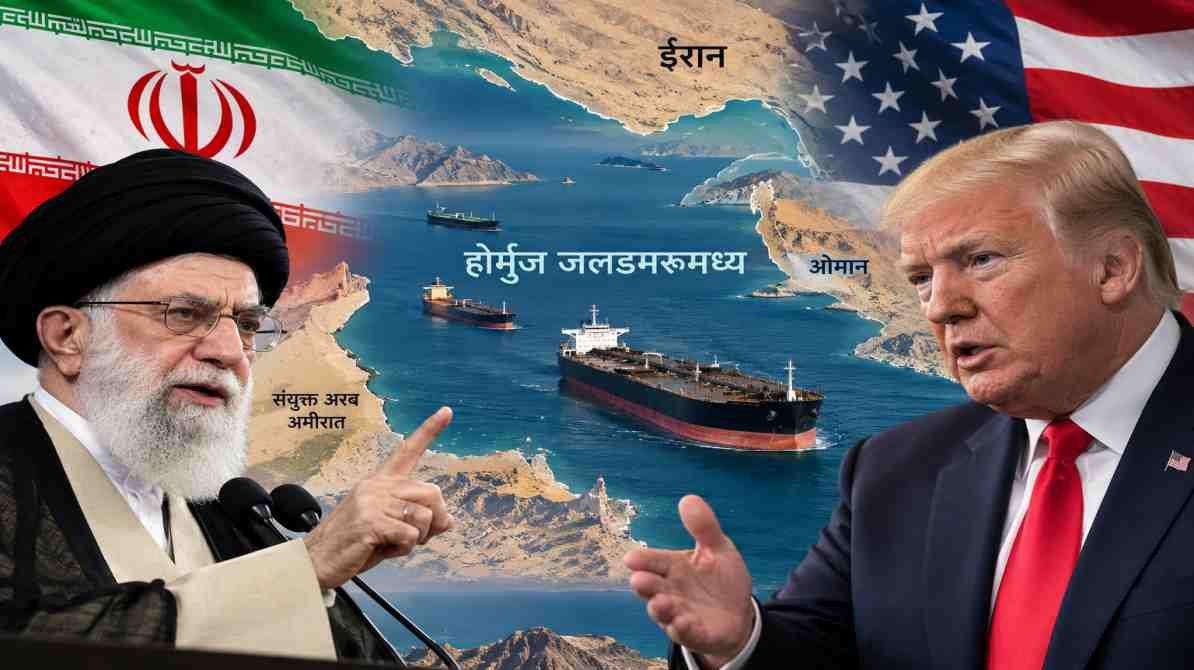 होर्मुज जलडमरूमध्य पर ईरान-अमेरिका चर्चा और तेल टैंकरों का प्रतीकात्मक चित्र